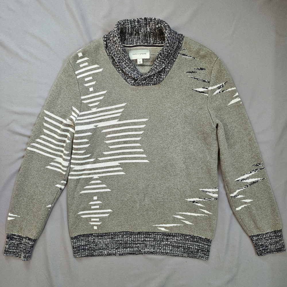 Sun + Stone Men's Native Shawl Neck Sweater Size Large Gray And Blue Cotton